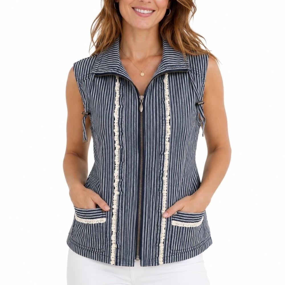 Christopher & Banks Denim & Lace Trim Vest M Blue & White Hickory Stripe Y2K